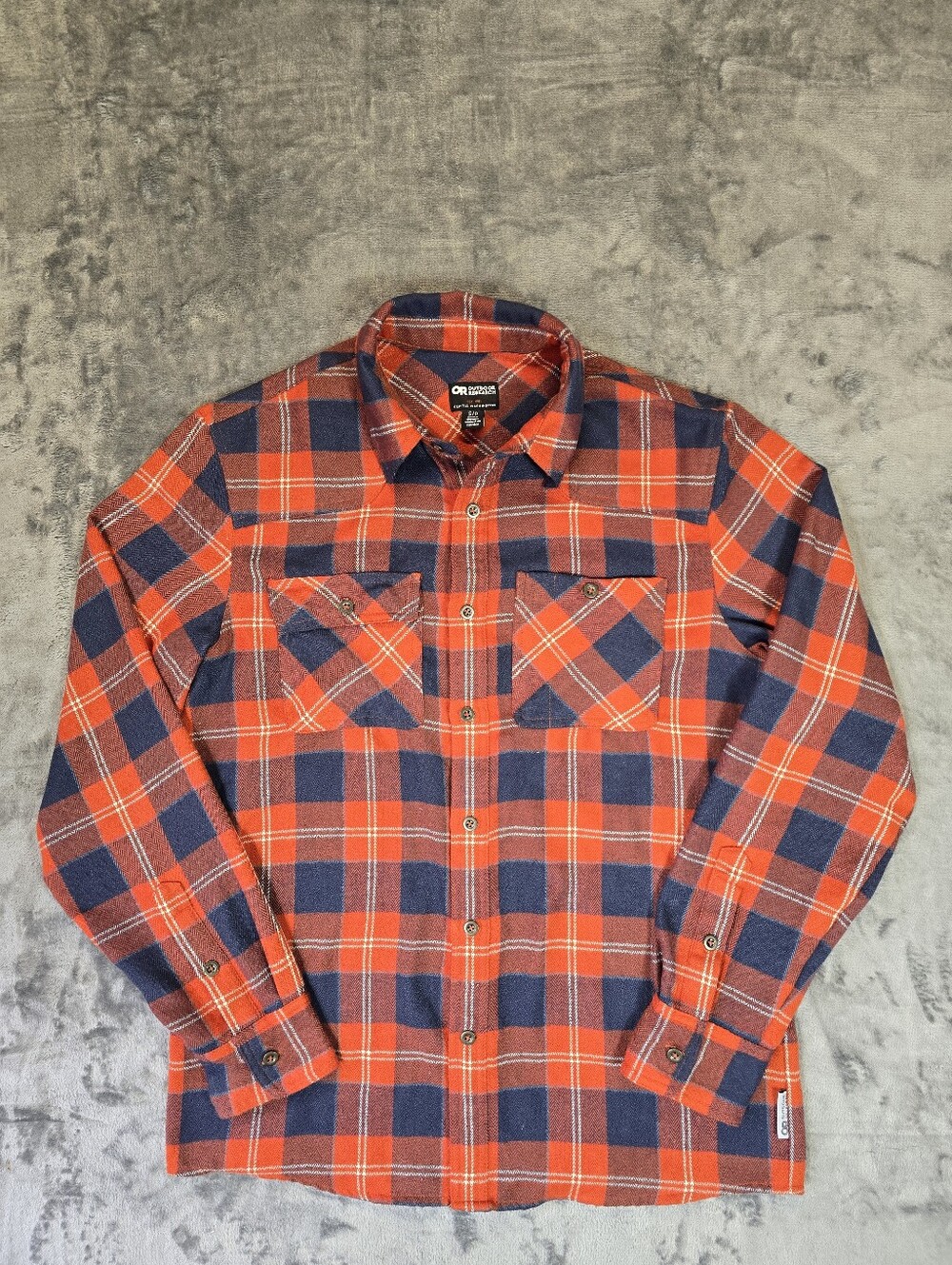Outdoor Research Plaid Flannel Button Up Shirt Size Small Orange Blue